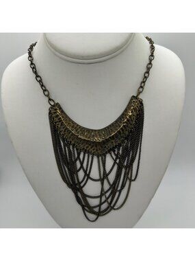Vintage Brass-Tone Hammered Crescent Bib Necklace With Multi-Chain Fringe Statem